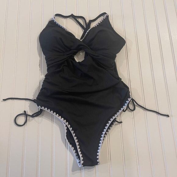 Women’s Black Ribbed One Piece Swimsuit L Criss Cross Tie Back High Cut Retro - Picture 2 of 10
